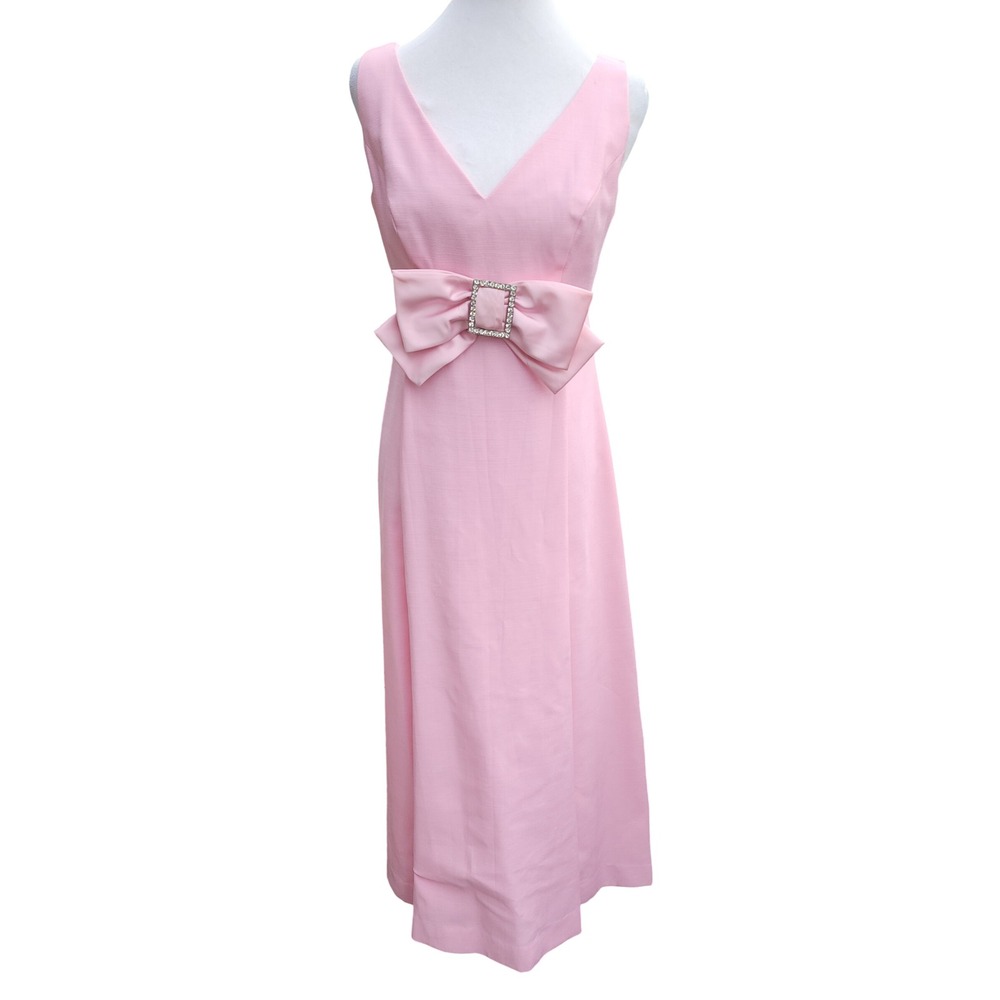 Vintage 60s Pink Maxi Dress Rhinestone Satin Bow V-Neck Sleeveless Formal Gown